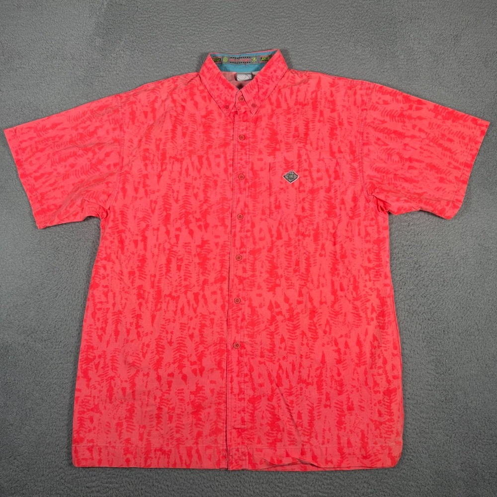 Vtg OP Ocean Pacific Shirt Mens Large Bright Pink Orange Print Button Down Beach